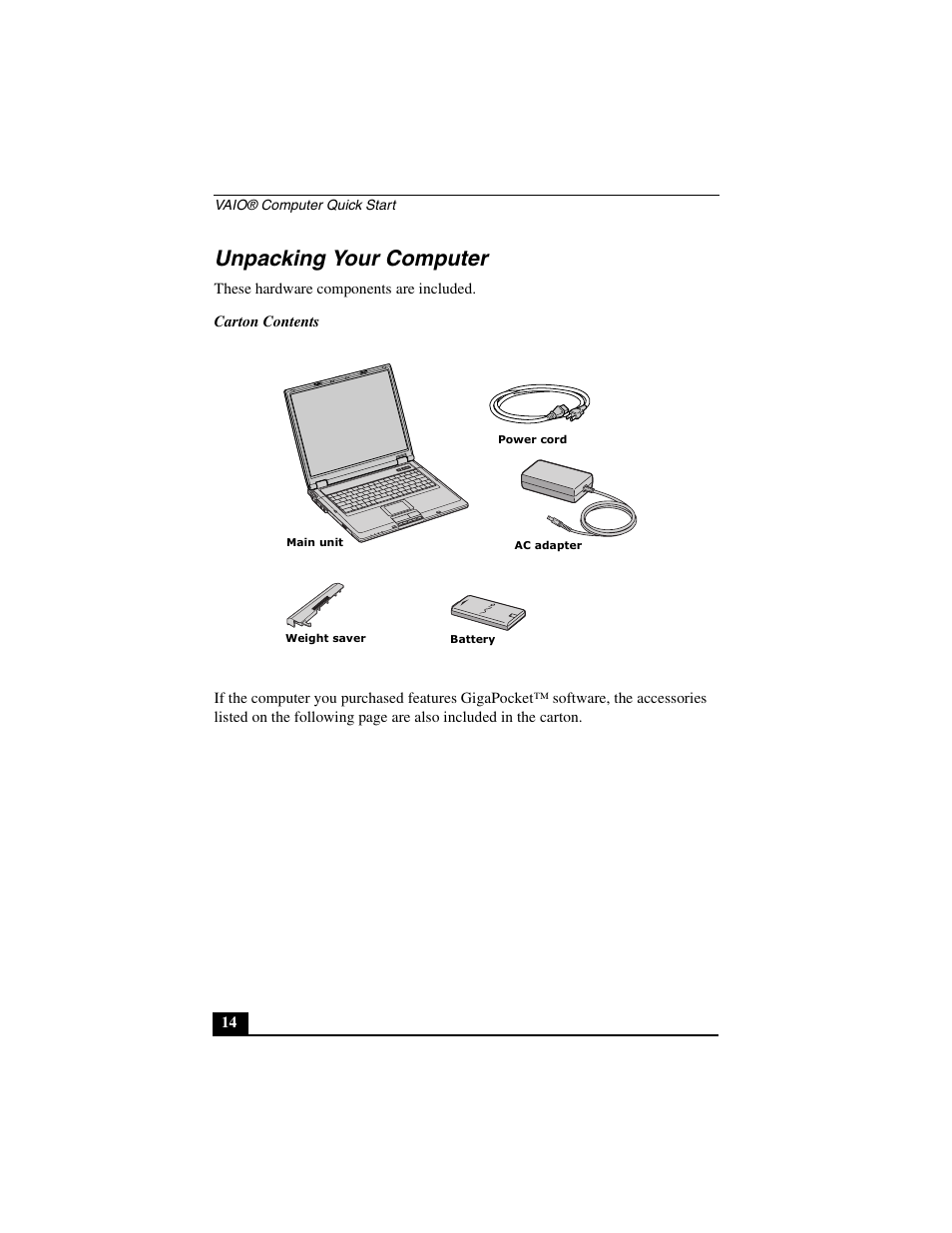 Unpacking your computer | Sony PCG-GRT390Z User Manual | Page 14 / 44