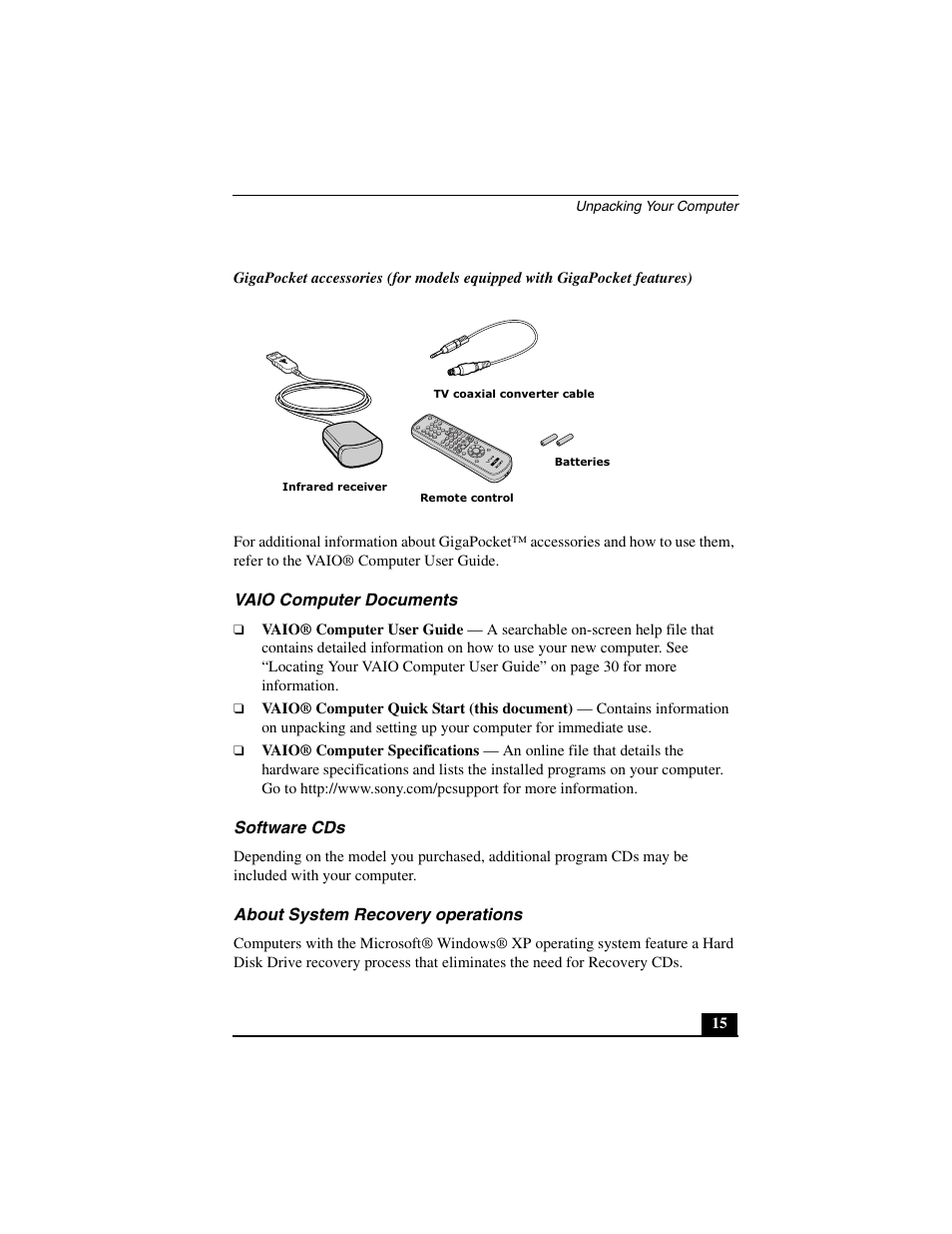 Vaio computer documents, Software cds, About system recovery operations | Sony PCG-GRT390Z User Manual | Page 15 / 44