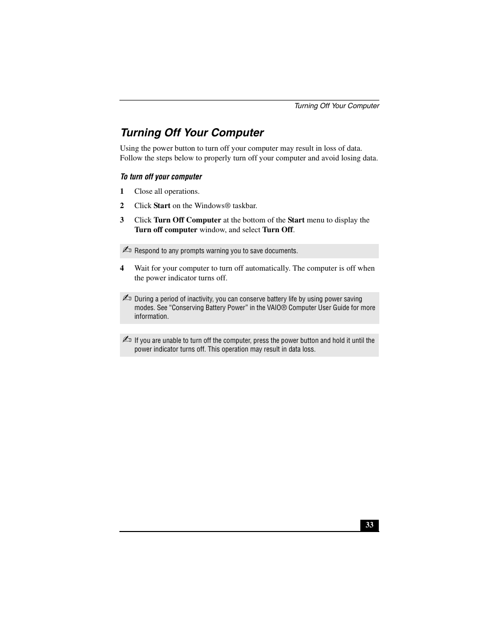 Turning off your computer | Sony PCG-GRT390Z User Manual | Page 33 / 44