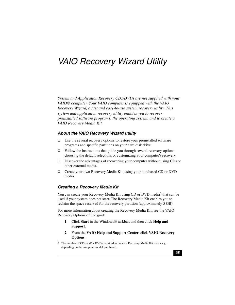 Vaio recovery wizard utility, About the vaio recovery wizard utility, Creating a recovery media kit | Sony PCG-GRT390Z User Manual | Page 35 / 44