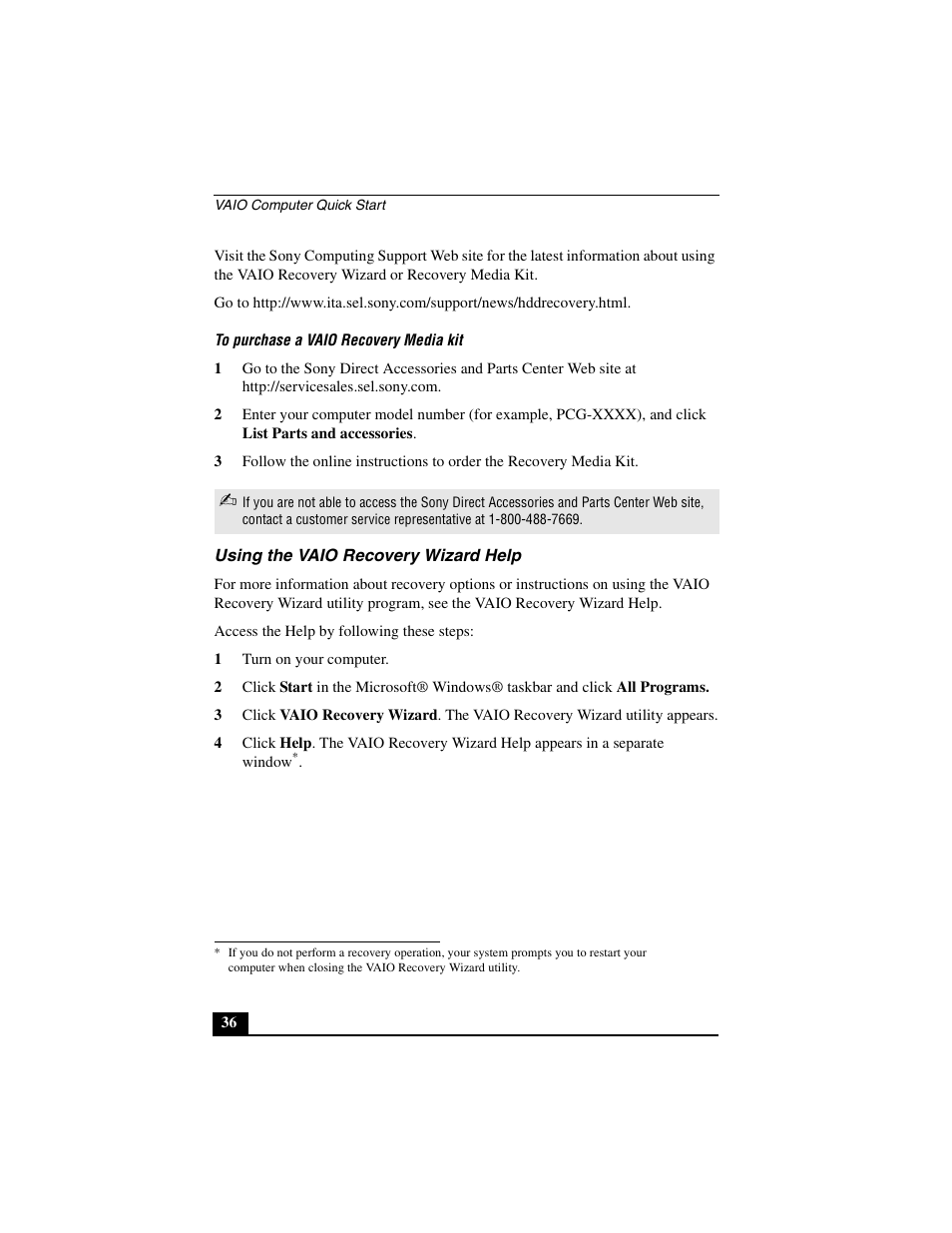 Using the vaio recovery wizard help | Sony PCG-GRT390Z User Manual | Page 36 / 44