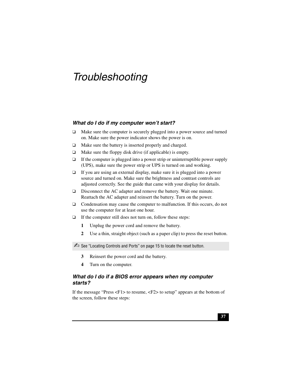 Troubleshooting, What do i do if my computer won’t start | Sony PCG-GRT390Z User Manual | Page 37 / 44