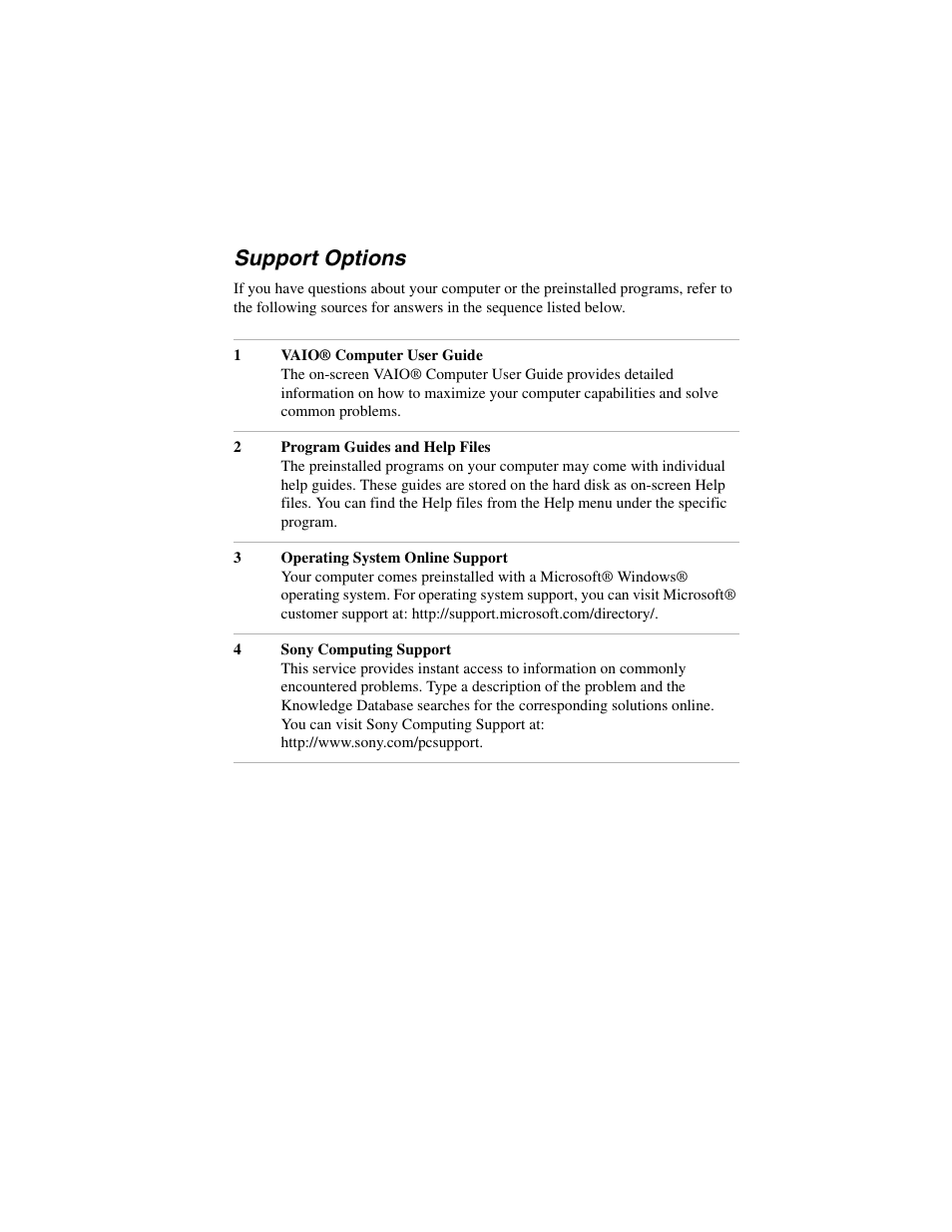 Support options | Sony PCG-GRT390Z User Manual | Page 41 / 44