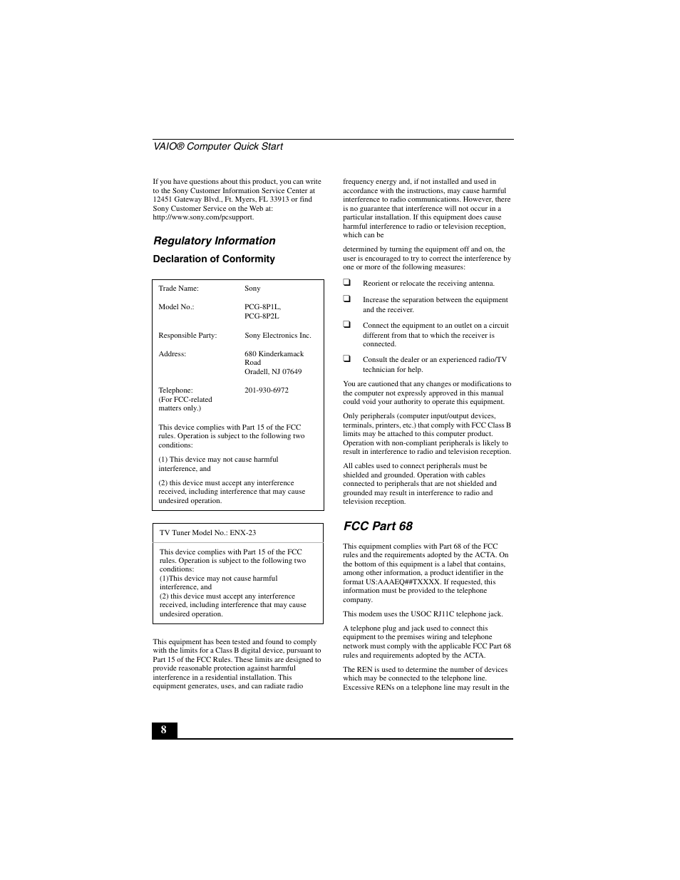 Fcc part 68, Regulatory information | Sony PCG-GRT390Z User Manual | Page 8 / 44