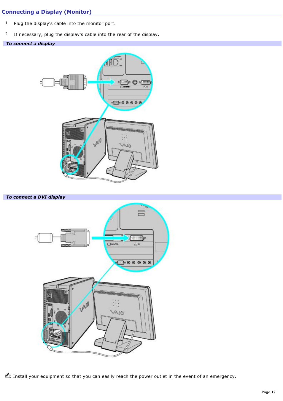 Connecting a display (monitor) | Sony PCV-RZ40CG User Manual | Page 17 / 91