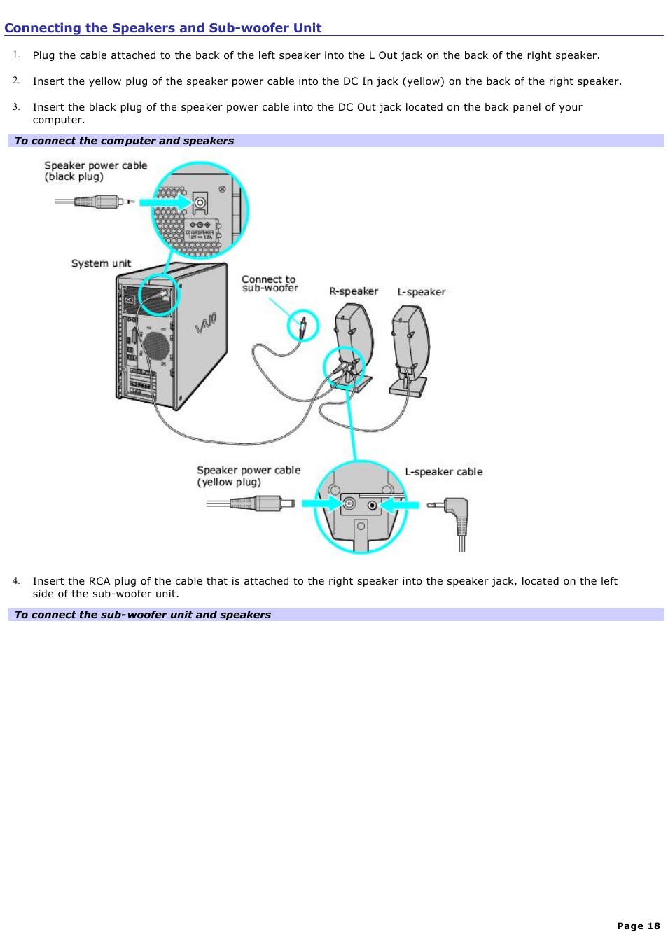 Connecting the speakers and sub-woofer unit | Sony PCV-RZ40CG User Manual | Page 18 / 91