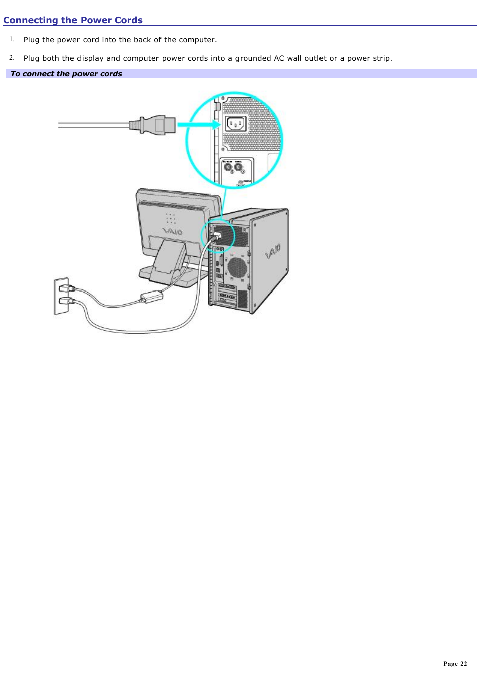 Connecting the power cords | Sony PCV-RZ40CG User Manual | Page 22 / 91