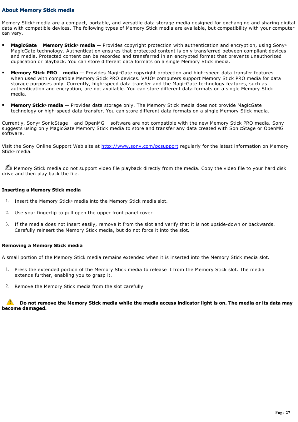 About memory stick media | Sony PCV-RZ40CG User Manual | Page 27 / 91