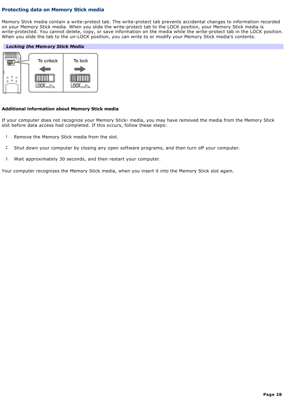 Protecting data on memory stick media | Sony PCV-RZ40CG User Manual | Page 28 / 91