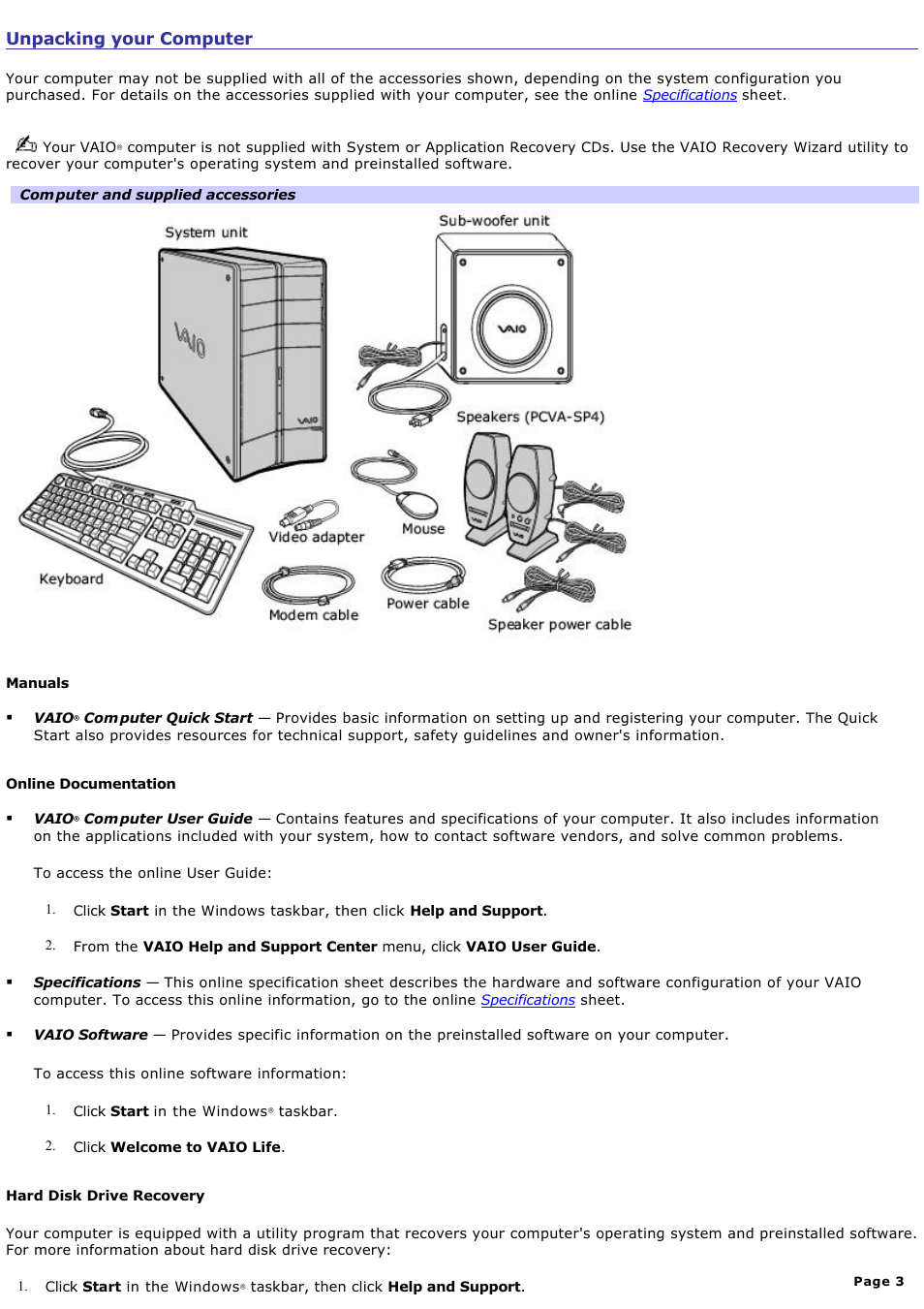 Unpacking your computer | Sony PCV-RZ40CG User Manual | Page 3 / 91