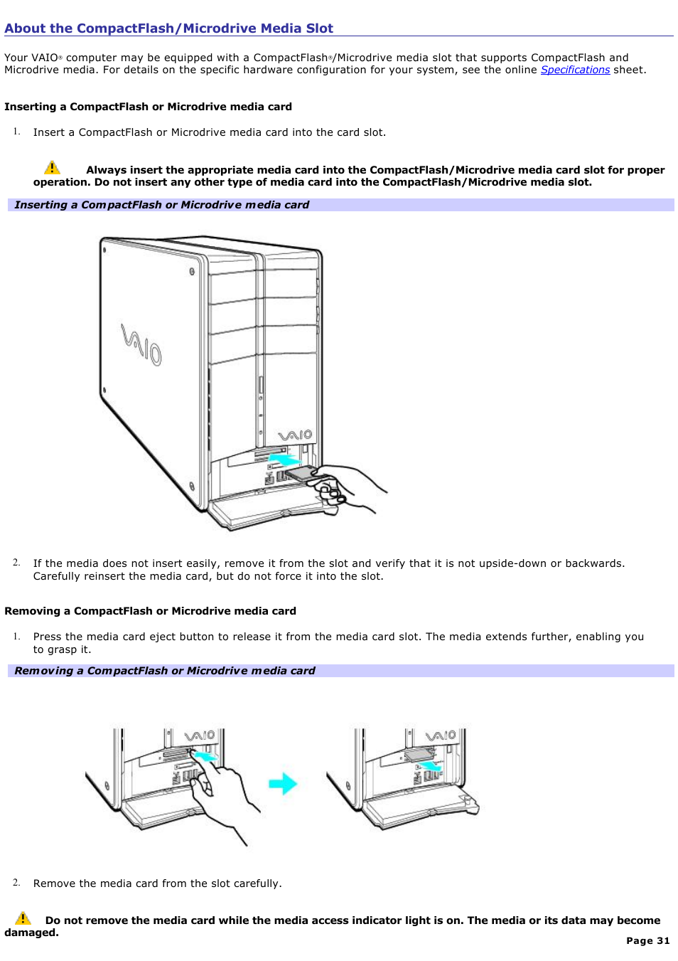 About the compactflash/microdrive media slot | Sony PCV-RZ40CG User Manual | Page 31 / 91