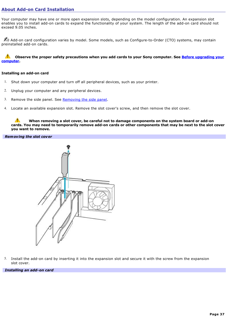 About add-on card installation | Sony PCV-RZ40CG User Manual | Page 37 / 91