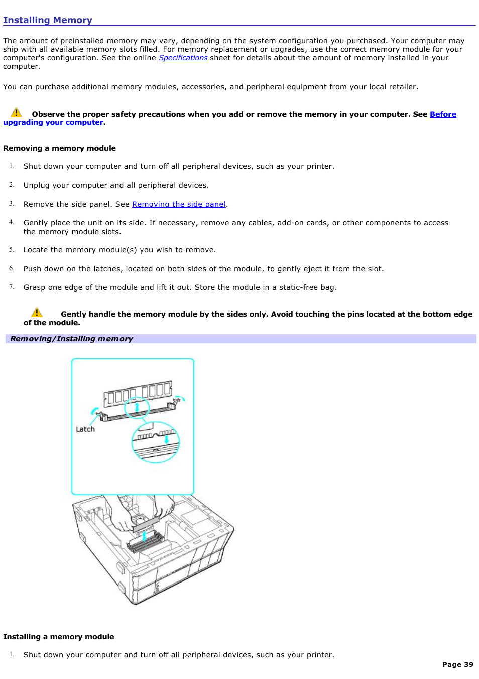 Installing memory | Sony PCV-RZ40CG User Manual | Page 39 / 91