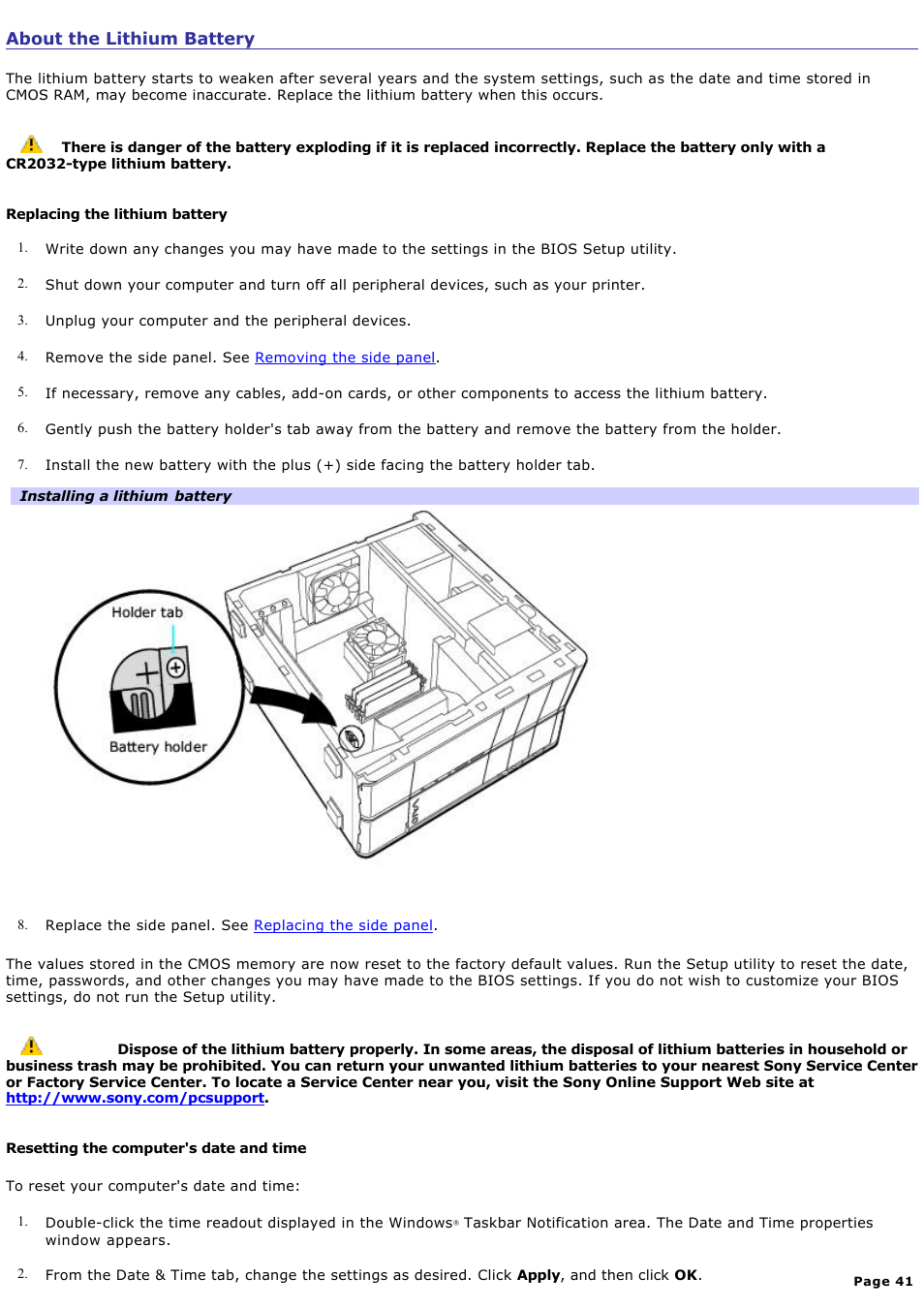 About the lithium battery | Sony PCV-RZ40CG User Manual | Page 41 / 91