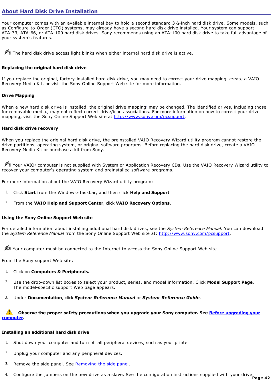 About hard disk drive installation | Sony PCV-RZ40CG User Manual | Page 42 / 91