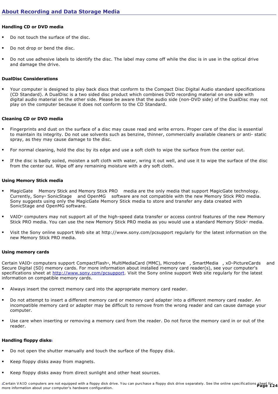 About recording and data storage media | Sony VGC-RB51M User Manual | Page 124 / 131