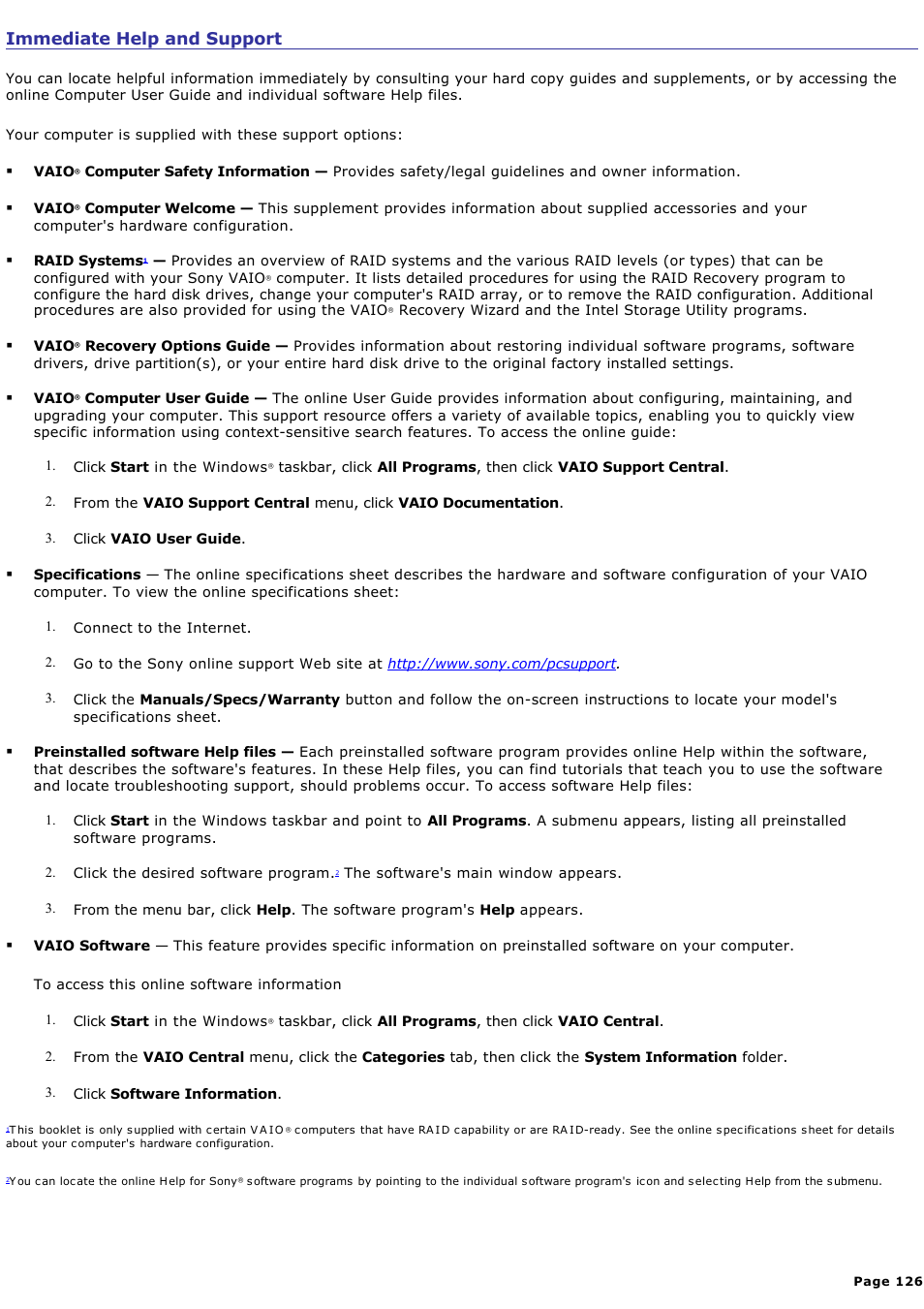 Immediate help and support | Sony VGC-RB51M User Manual | Page 126 / 131