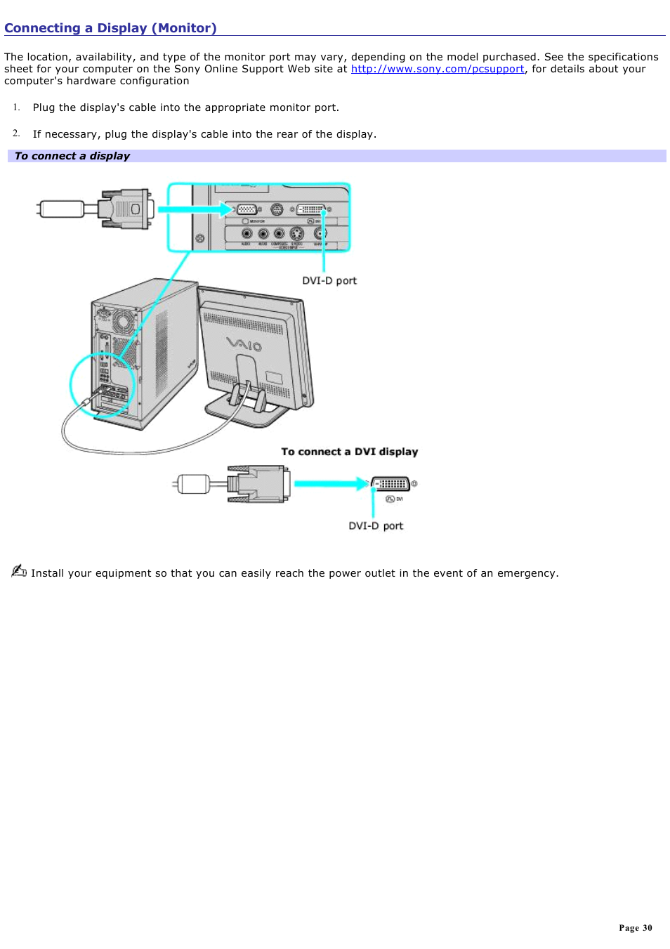 Connecting a display (monitor) | Sony VGC-RB51M User Manual | Page 30 / 131