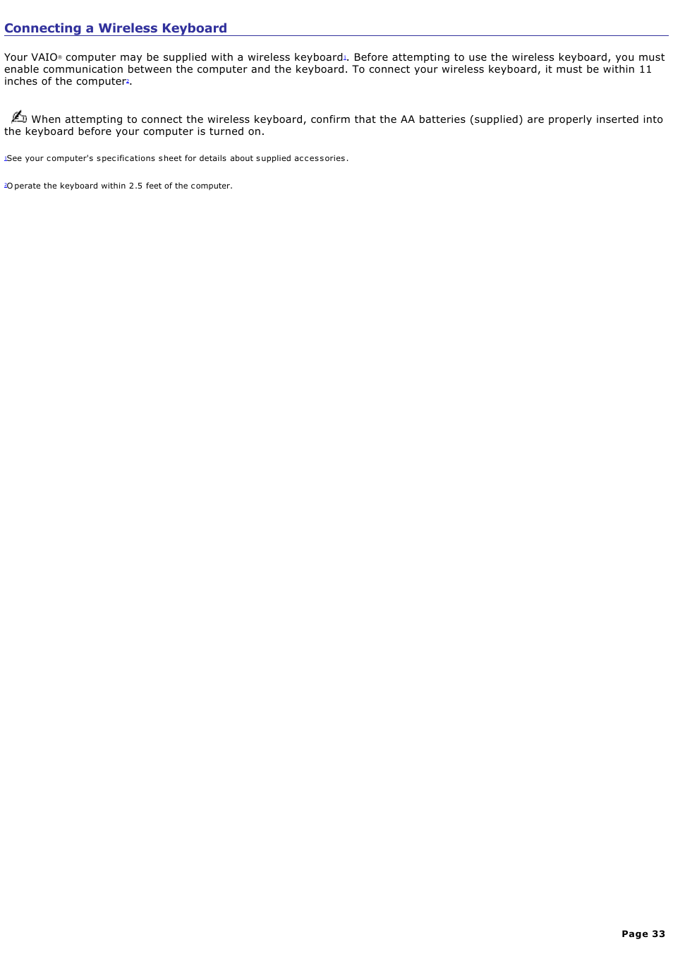 Connecting a wireless keyboard | Sony VGC-RB51M User Manual | Page 33 / 131