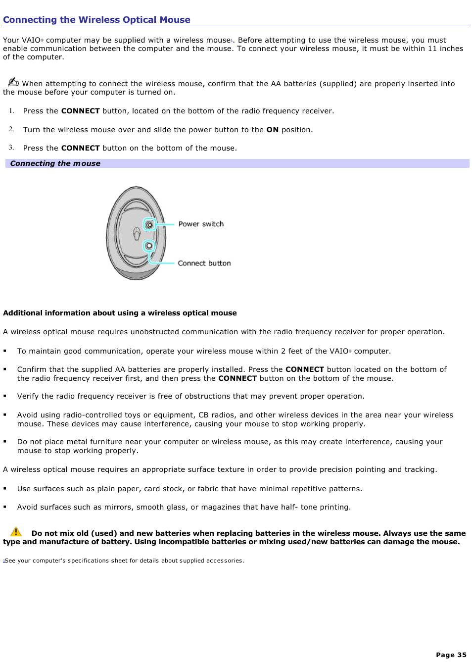 Connecting the wireless optical mouse | Sony VGC-RB51M User Manual | Page 35 / 131