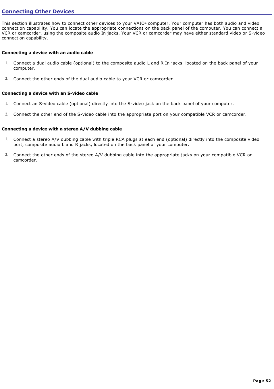 Connecting other devices | Sony VGC-RB51M User Manual | Page 52 / 131