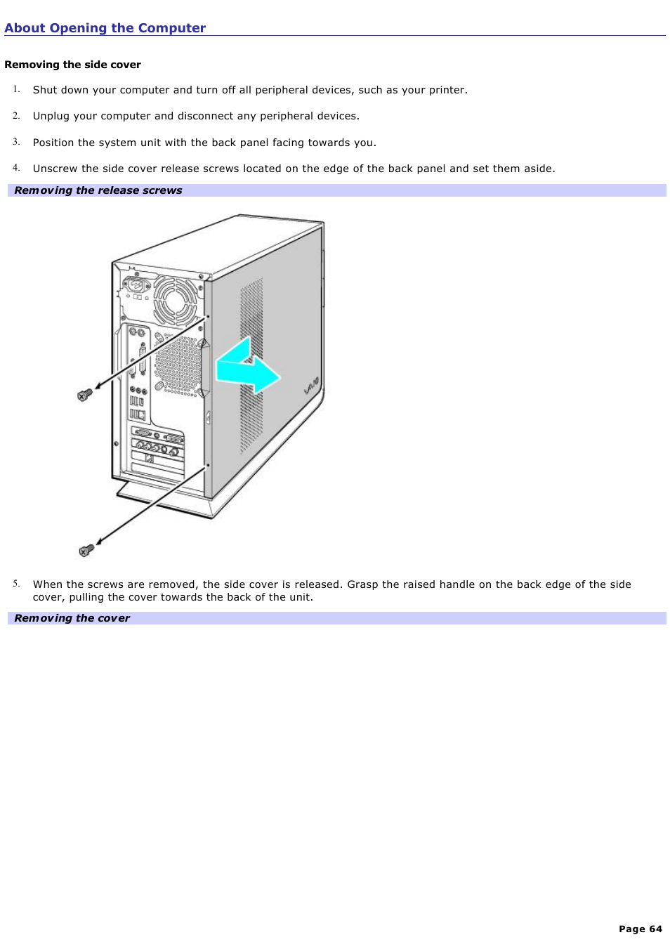 About opening the computer | Sony VGC-RB51M User Manual | Page 64 / 131