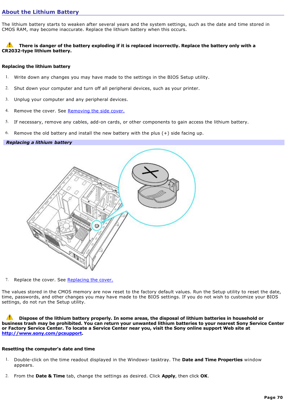About the lithium battery | Sony VGC-RB51M User Manual | Page 70 / 131
