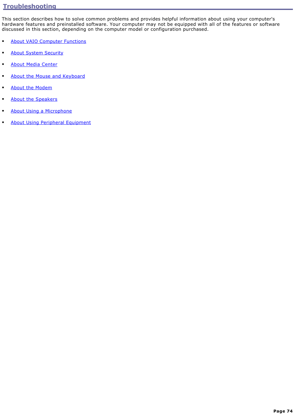 Troubleshooting | Sony VGC-RB51M User Manual | Page 74 / 131