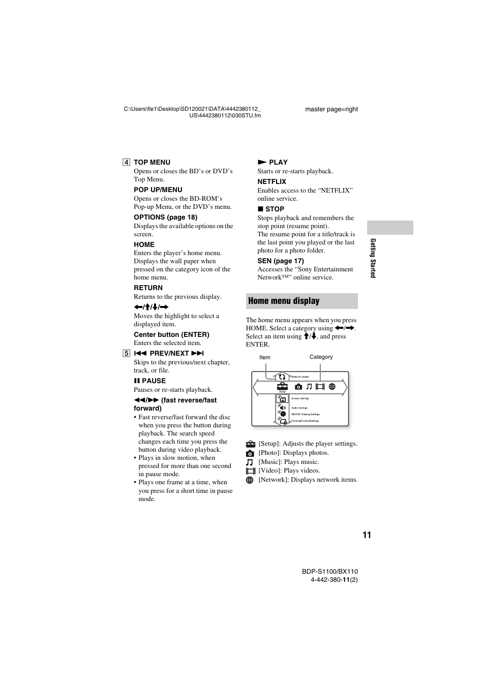 Home menu display | Sony BDP-S1100 User Manual | Page 11 / 36
