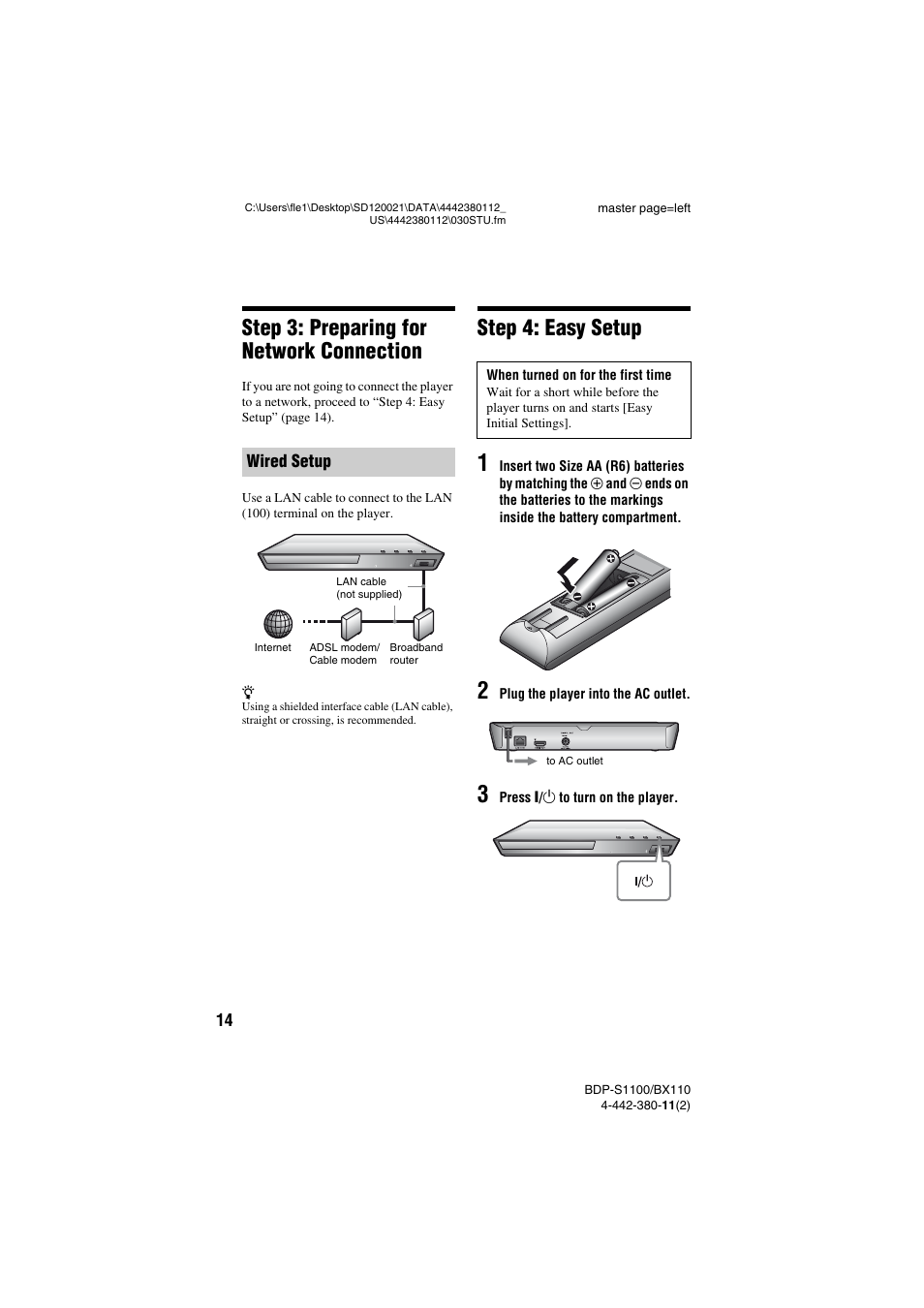 Step 3: preparing for network connection, Step 4: easy setup | Sony BDP-S1100 User Manual | Page 14 / 36