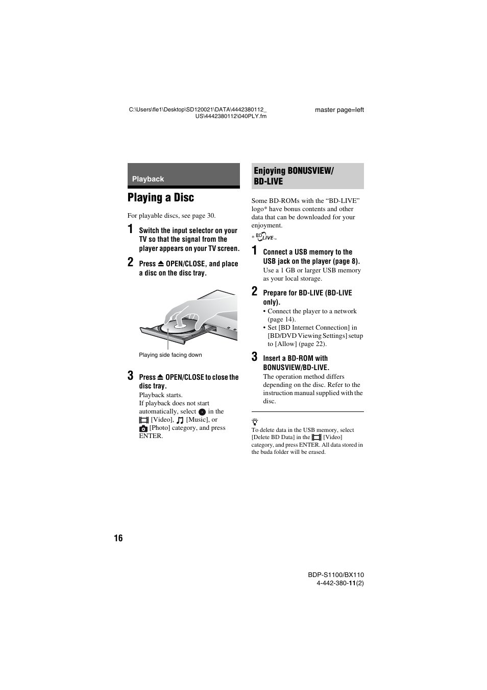 Playback, Playing a disc | Sony BDP-S1100 User Manual | Page 16 / 36