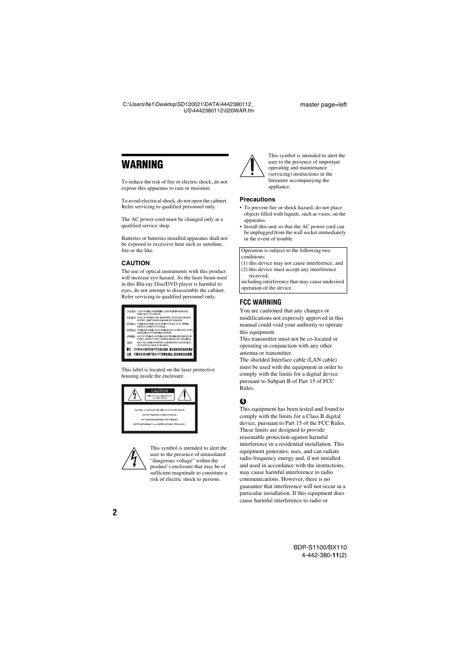 Warning | Sony BDP-S1100 User Manual | Page 2 / 36