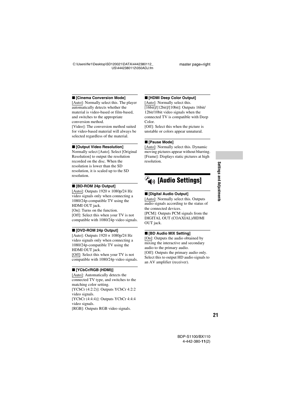 Audio settings | Sony BDP-S1100 User Manual | Page 21 / 36