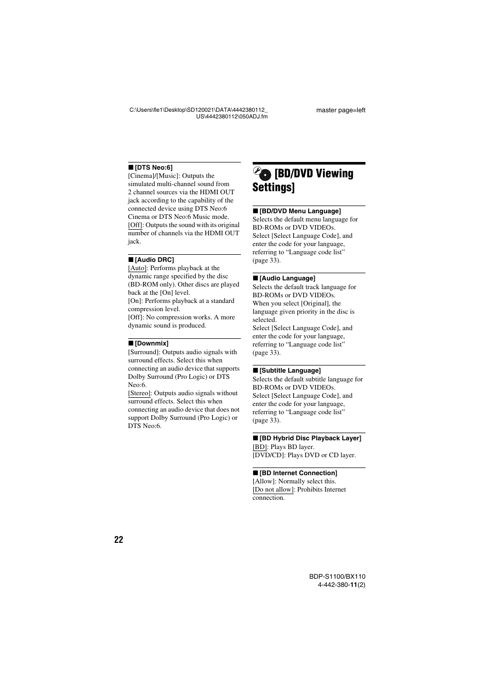 Bd/dvd viewing settings | Sony BDP-S1100 User Manual | Page 22 / 36