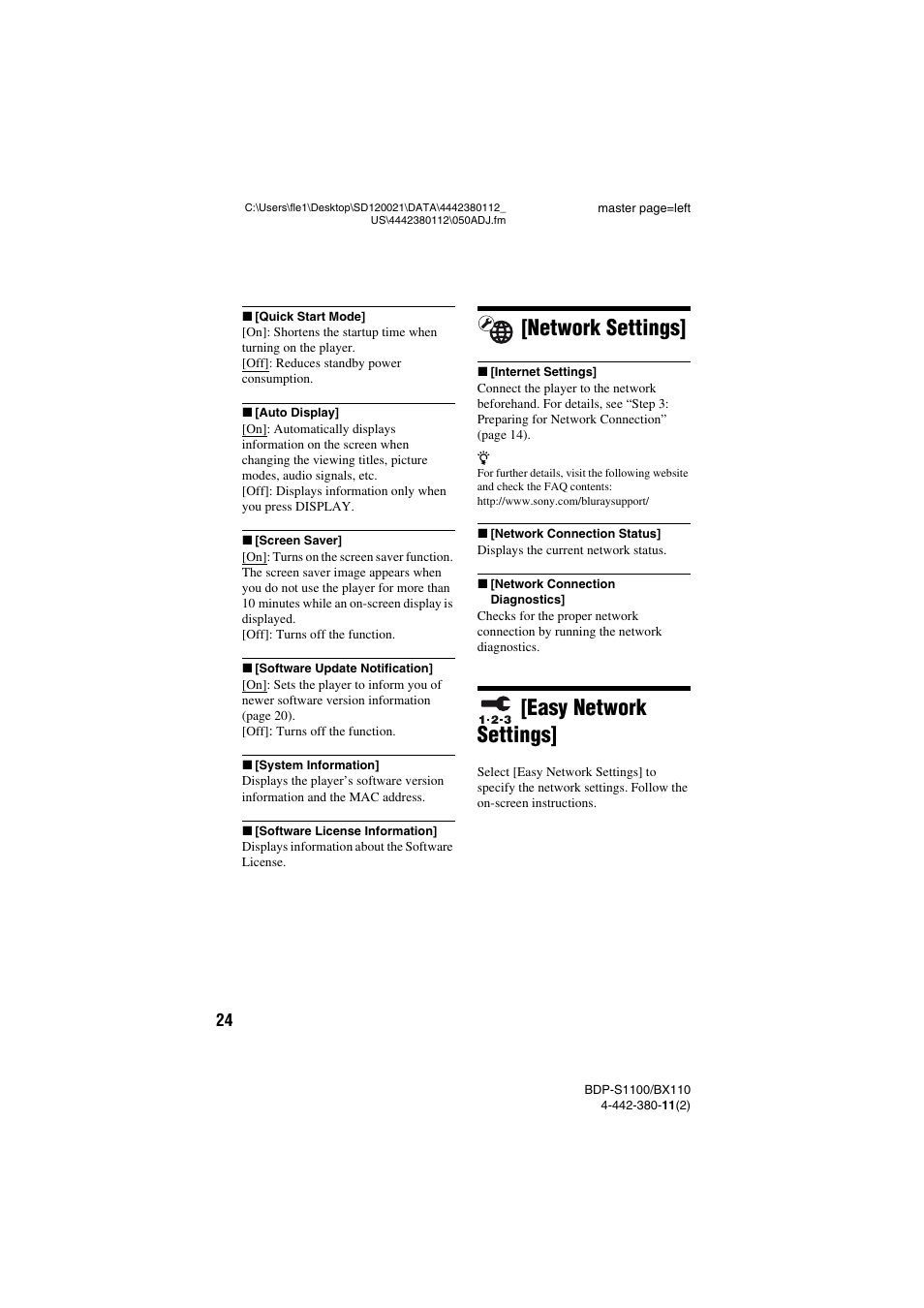 Network settings, Easy network settings | Sony BDP-S1100 User Manual | Page 24 / 36