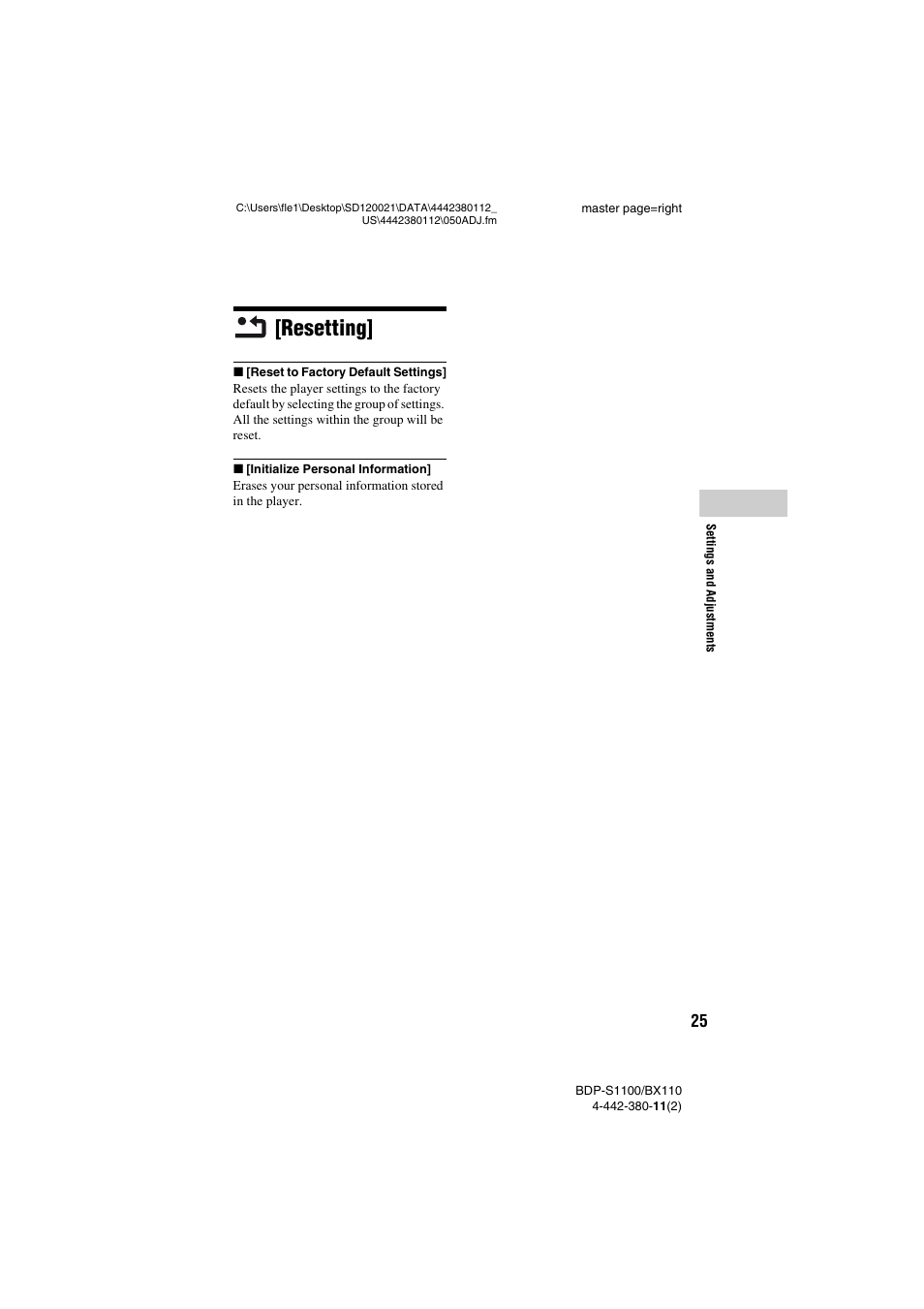 Resetting | Sony BDP-S1100 User Manual | Page 25 / 36