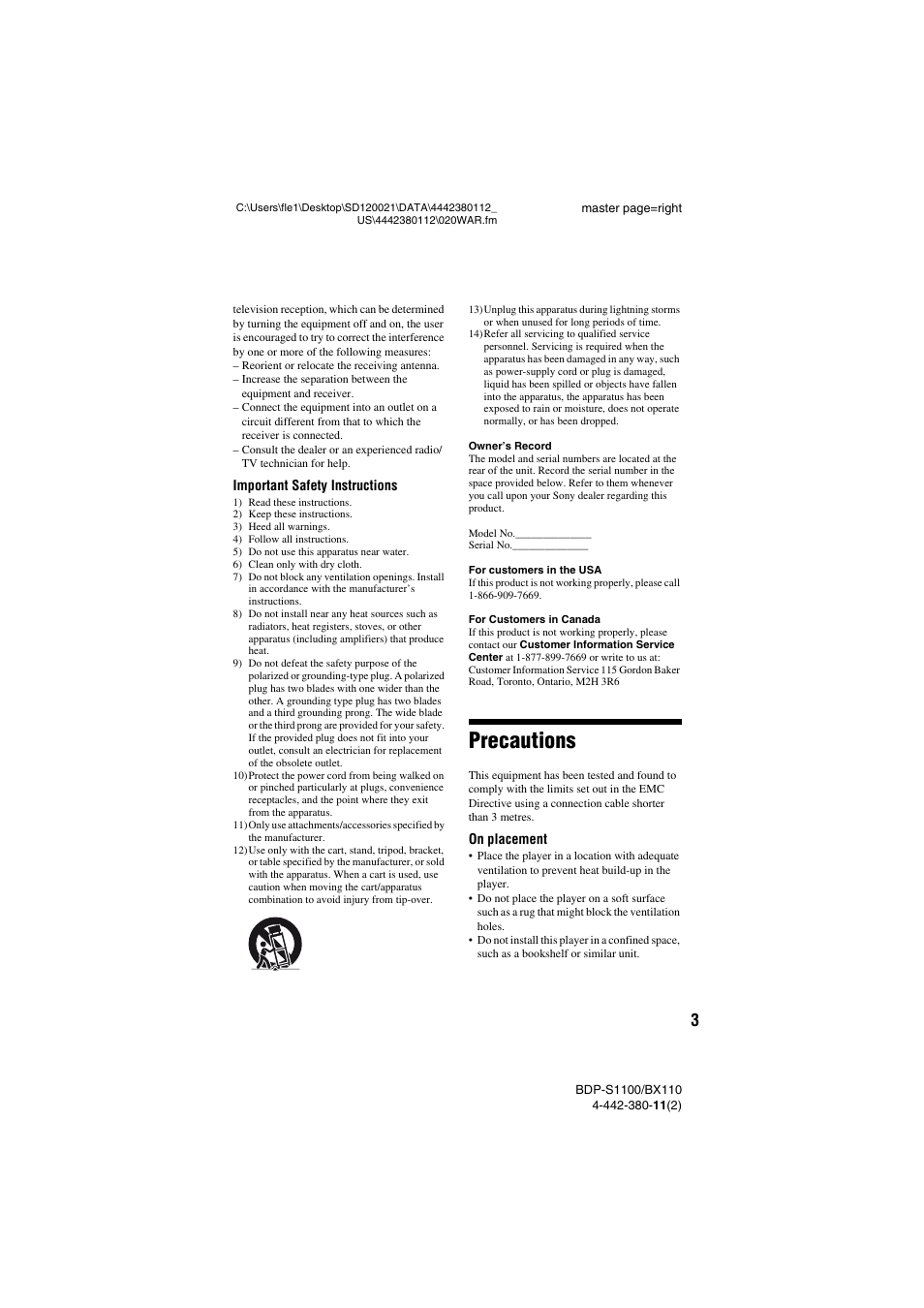 Precautions | Sony BDP-S1100 User Manual | Page 3 / 36