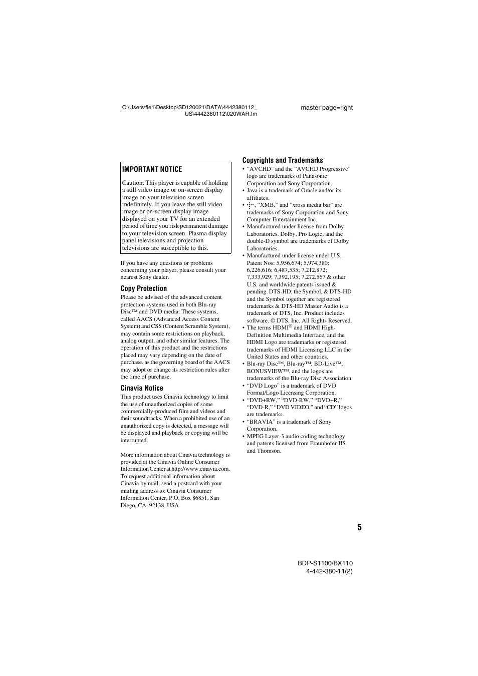 Sony BDP-S1100 User Manual | Page 5 / 36
