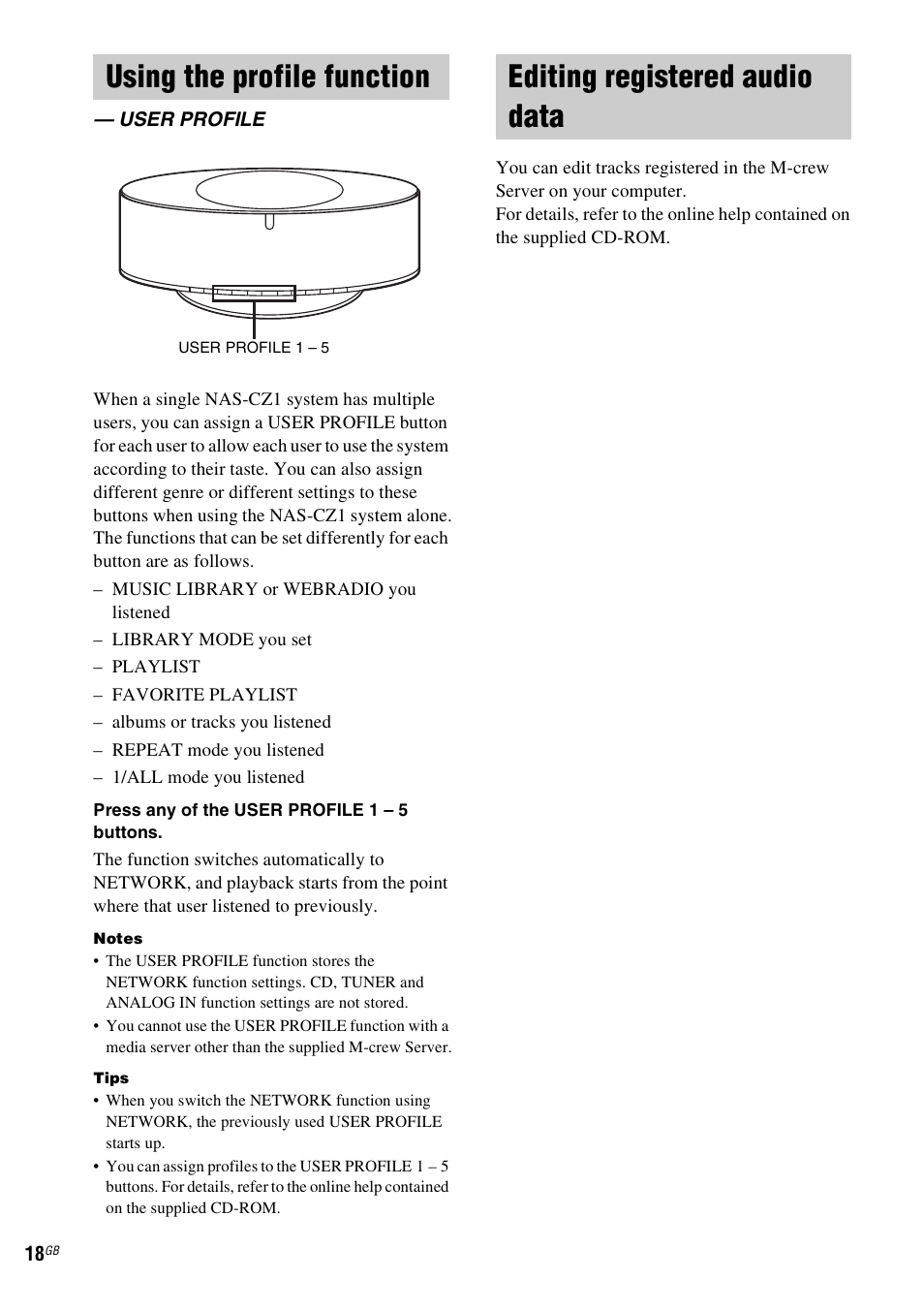 Using the profile function, User profile, Editing registered audio data | Sony HCD-CZ1 User Manual | Page 18 / 40