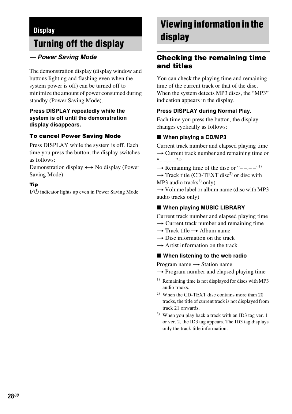 Display, Turning off the display, Power saving mode | Viewing information in the display, Checking the remaining time and titles | Sony HCD-CZ1 User Manual | Page 28 / 40