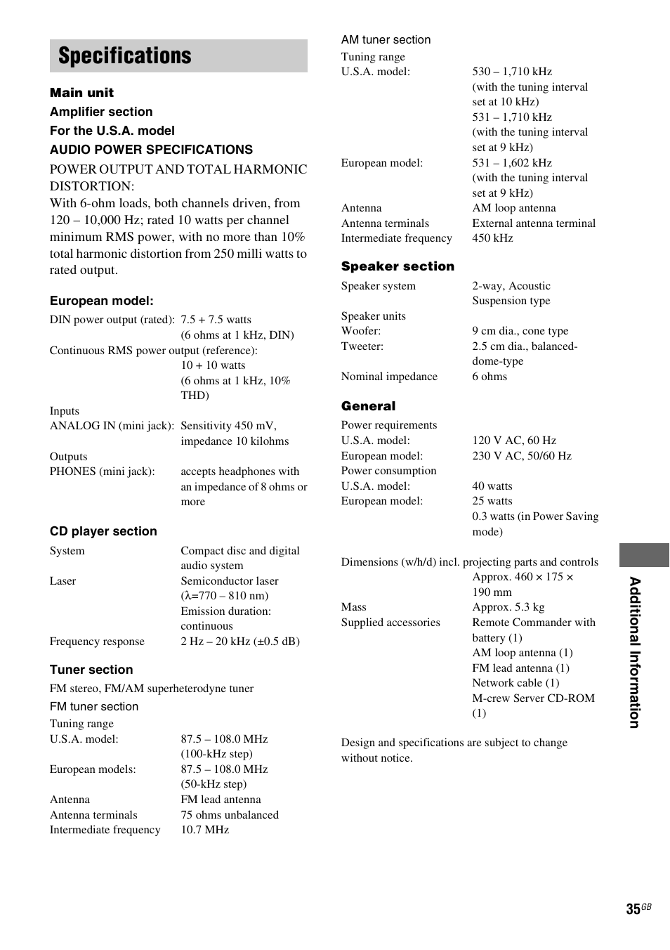 Specifications | Sony HCD-CZ1 User Manual | Page 35 / 40