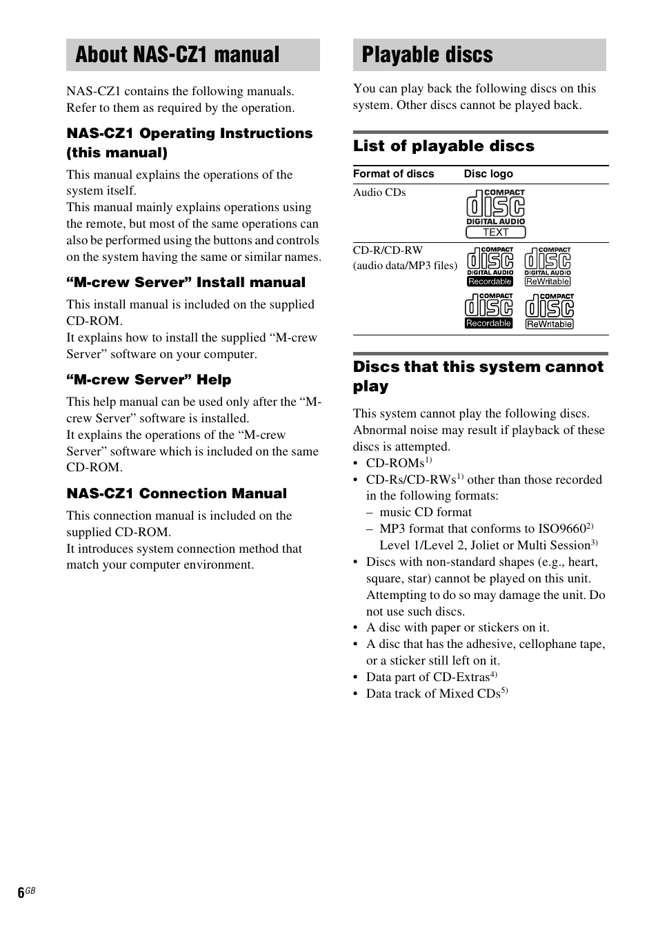 About nas-cz1 manual, Playable discs, About nas-cz1 manual playable discs | Sony HCD-CZ1 User Manual | Page 6 / 40