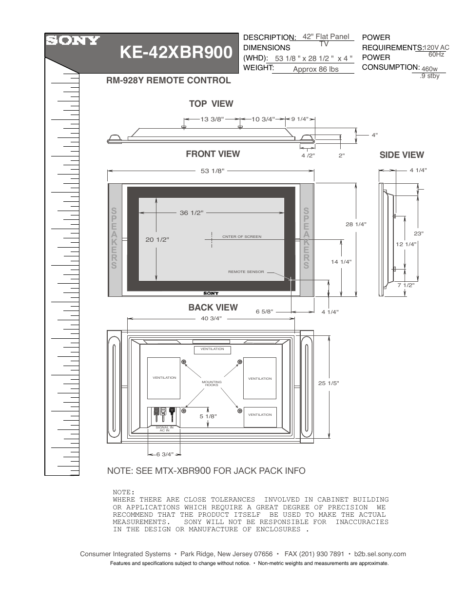 Sony KE-42XBR900 User Manual | 1 page