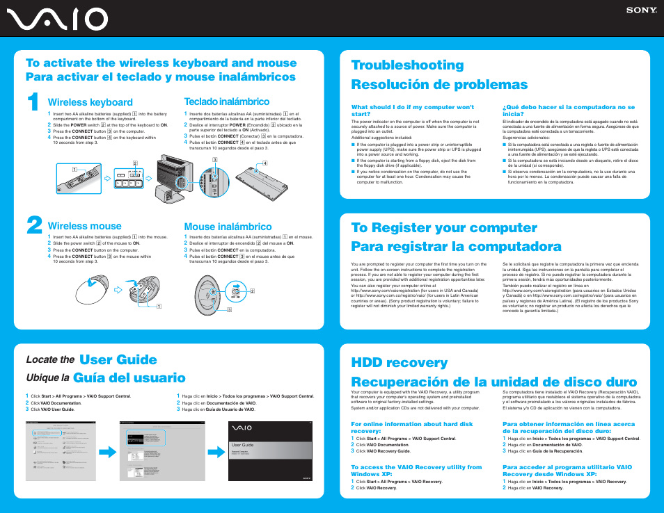 User guide, Guía del usuario, Locate the | Ubique la, Wireless keyboard, Wireless mouse, Teclado inalámbrico, Mouse inalámbrico | Sony VGC-VA10MG User Manual | Page 2 / 2