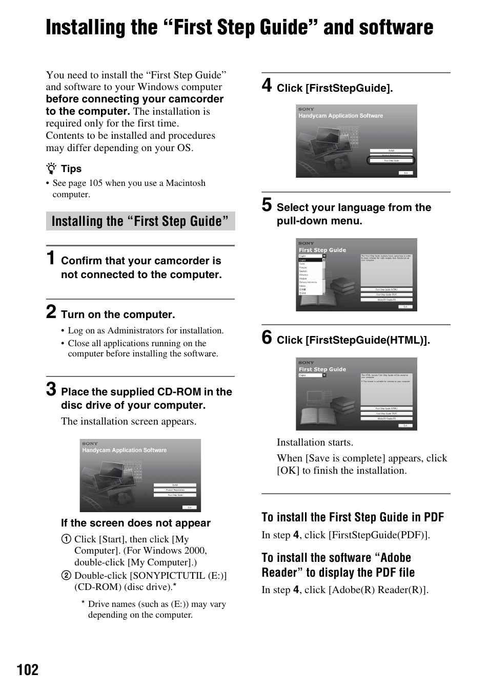 Installing the “first step guide” and software, Er (p. 102), P. 102) | P. 102 | Sony HDR-UX1 User Manual | Page 102 / 155