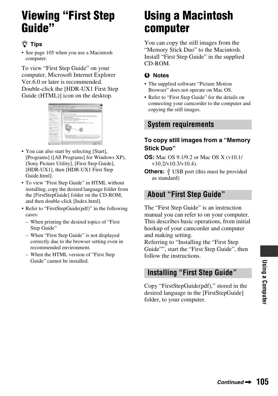 Viewing “first step guide, Using a macintosh computer, P. 105) | Sony HDR-UX1 User Manual | Page 105 / 155