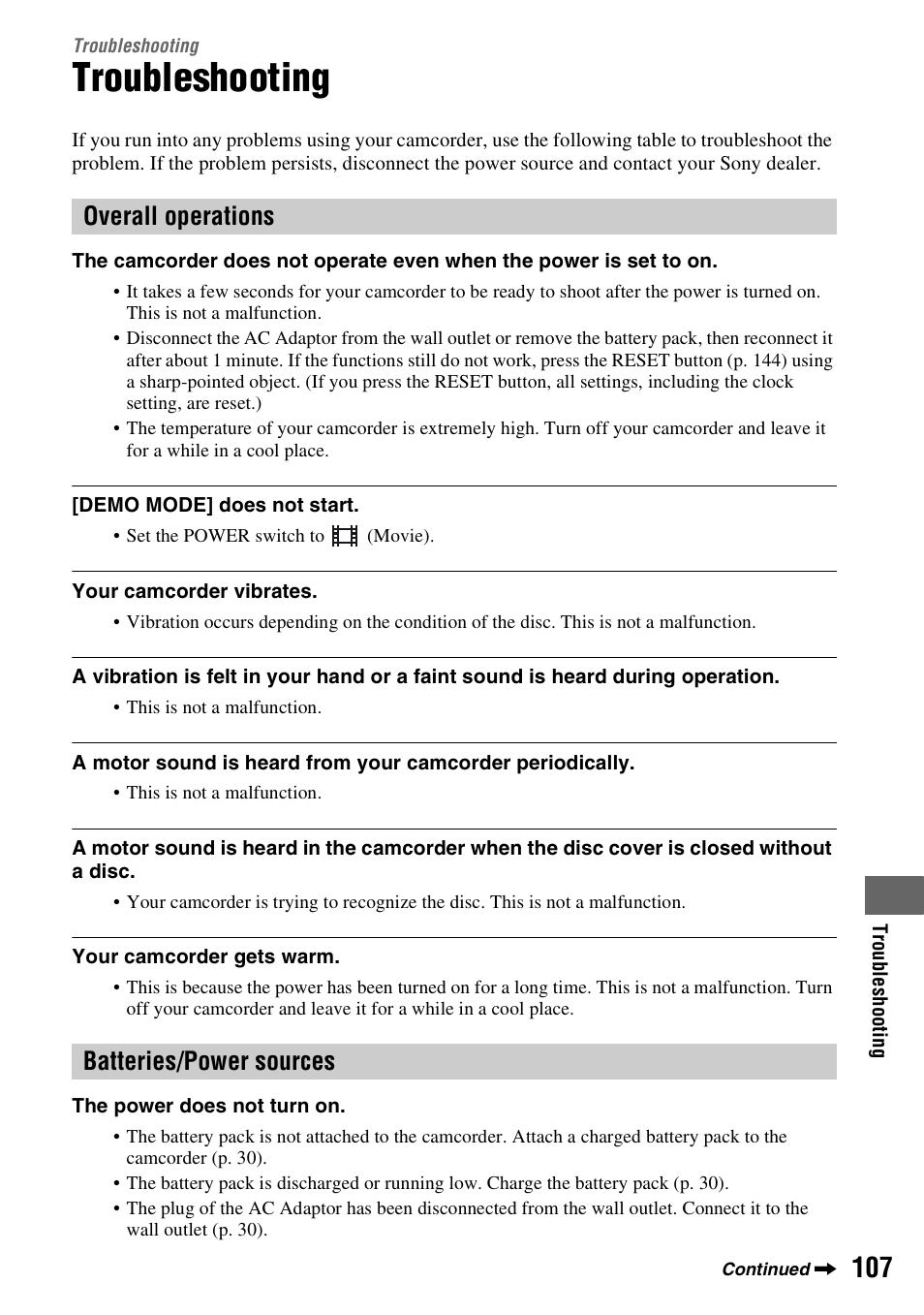 Troubleshooting, Overall operations batteries/power sources | Sony HDR-UX1 User Manual | Page 107 / 155