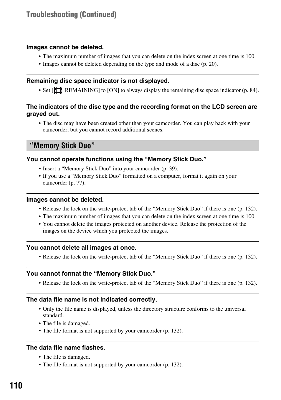 Troubleshooting (continued) | Sony HDR-UX1 User Manual | Page 110 / 155