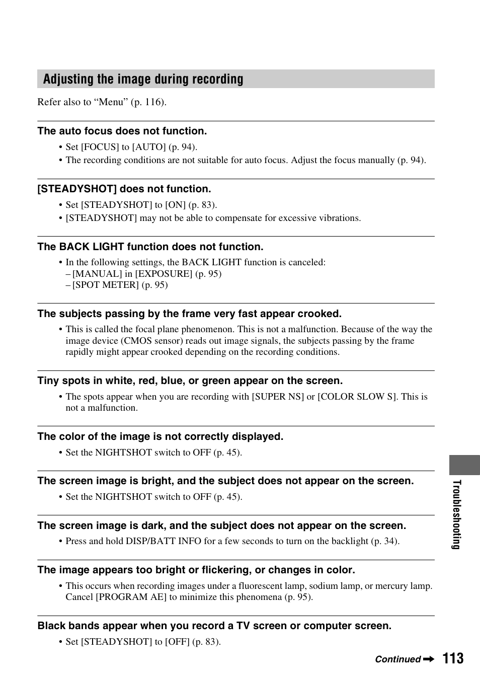 Adjusting the image during recording” (p. 113), Adjusting the image during recording | Sony HDR-UX1 User Manual | Page 113 / 155