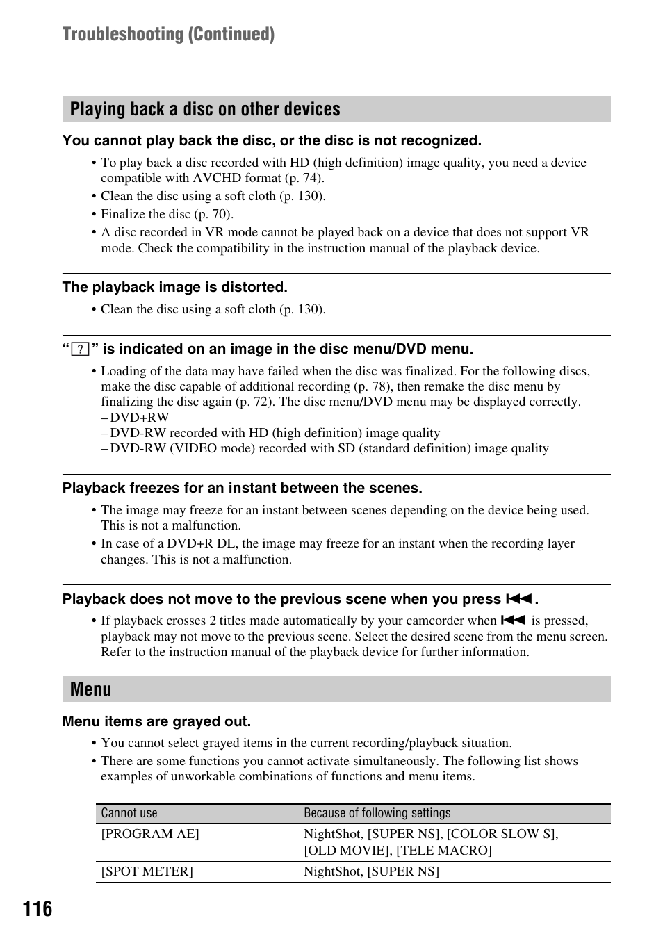 Menu” (p. 116), Troubleshooting (continued), Playing back a disc on other devices menu | Sony HDR-UX1 User Manual | Page 116 / 155